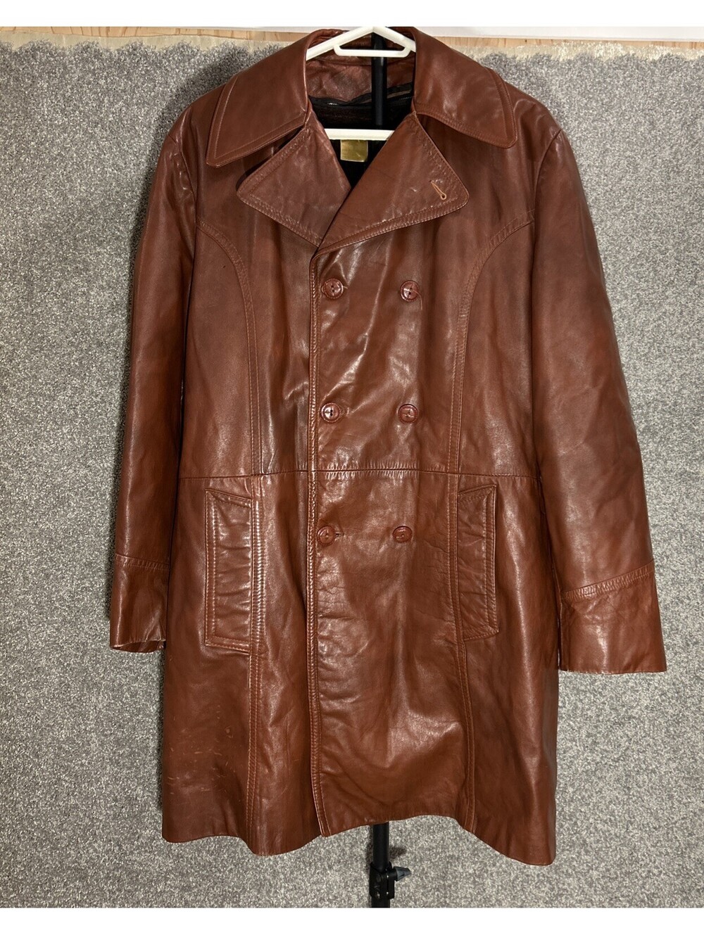 Vintage 1970s Brown Leather Double Breasted Trench Coat Faux Fur Lining